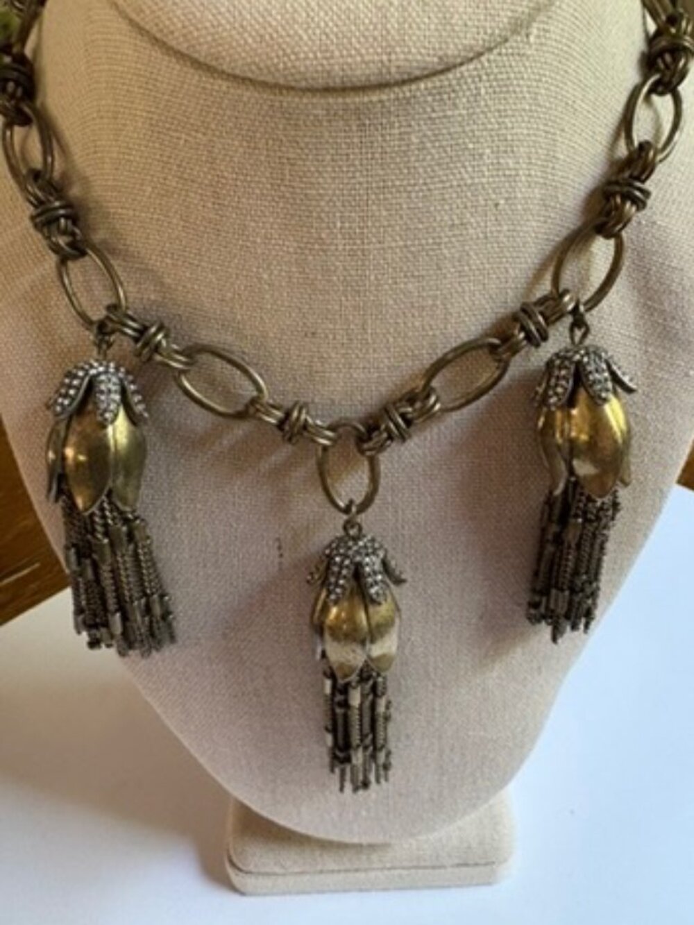 J Crew Three Tassels Crystal & Antique Gold Tone Statement Necklace